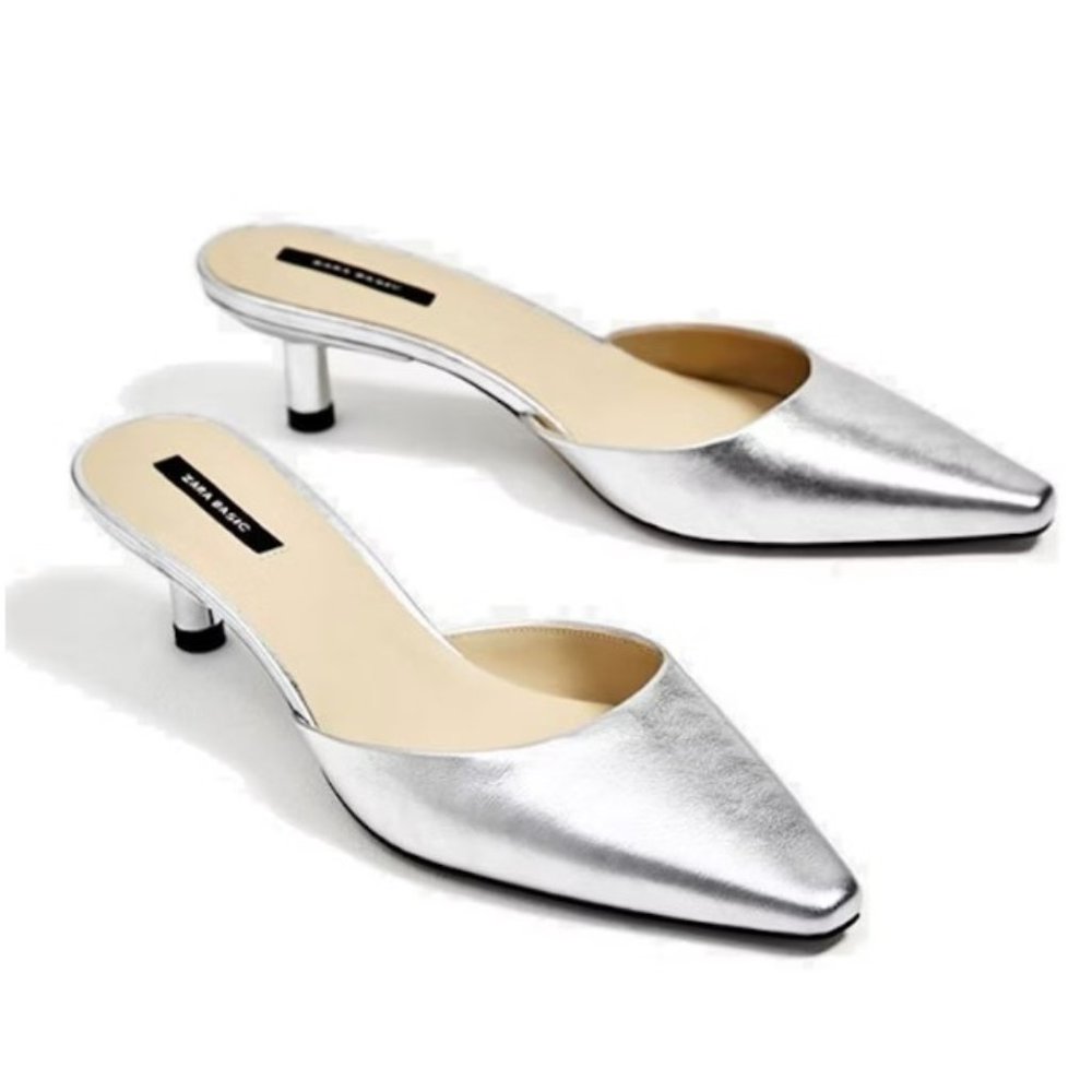 ZARA Metallic SILVER Slingback Leather Kitten Heels